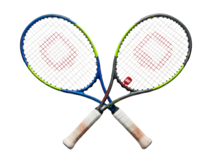 Crossed Tennis Rackets in Contrasting Colors, isolated on white background