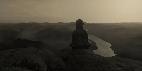 Fotobehang Boeddha 3D Rendering of back of buddha statue in front of foggy mountain landscape  © Brilliant Eye