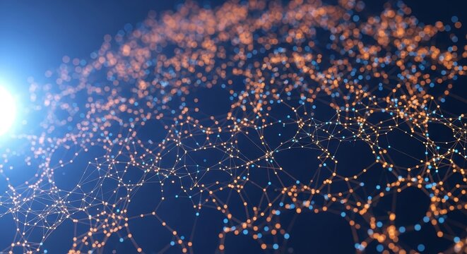 Abstract network of interconnected nodes with bright light source.