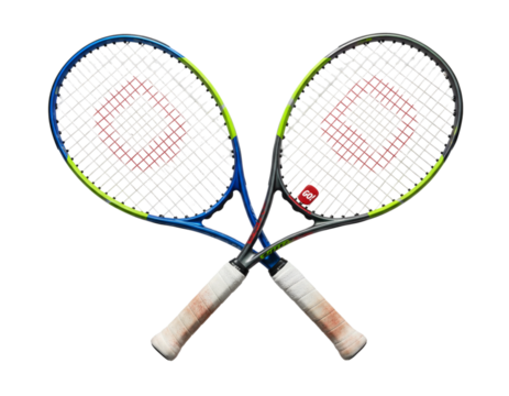 Crossed Tennis Rackets in Contrasting Colors, isolated on white background