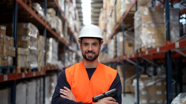Warehouse worker holding barcode scanner posing in a logistics center