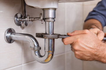
Technician plumber using a wrench to repair a water pipe under the sink. Concept of maintenance, fix water plumbing leaks, replace the kitchen sink drain, cleaning clogged pipes is dirty or rusty.