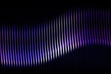 Abstract wavy vertical lines with purple and white neon glass gradient on black background