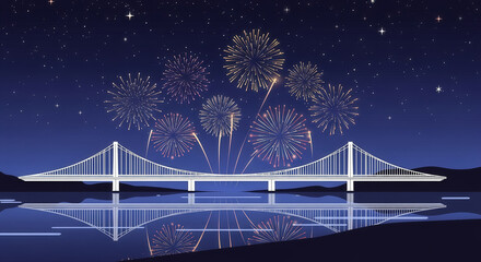 Night bridge over the river with city lights and fireworks reflection on the water
