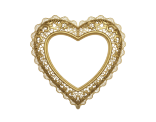 Golden Heart-Shaped Ornamental Frame with Lace Details, isolated on white background