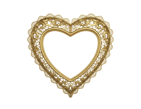 Golden Heart-Shaped Ornamental Frame with Lace Details, isolated on white background