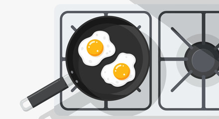 An inviting flat design illustration featuring a frying pan with two perfectly cooked sunny-side up eggs, ready to be served. It's a clean and appealing visual for a classic breakfast staple.