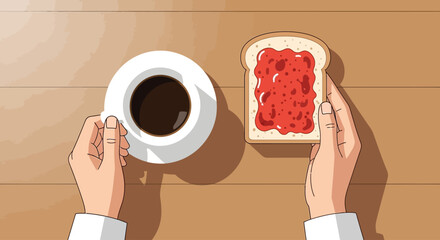 A comforting scene of hands holding a coffee cup and toast, symbolizing a simple morning ritual. This flat design illustration captures the essence of a tranquil breakfast.