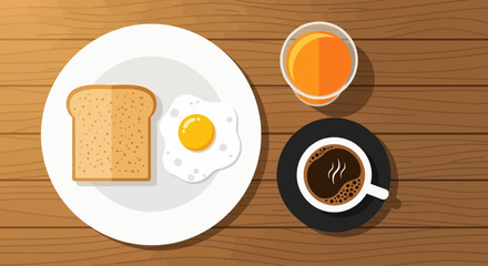 A delightful flat design illustration presenting a full breakfast spread, featuring toast, a fried egg, coffee, and orange juice. This image embodies a wholesome and balanced start to the day.