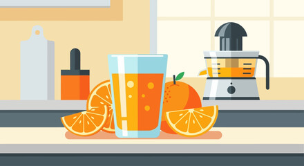 This vibrant flat design illustration showcases a refreshing glass of freshly squeezed orange juice, complete with a juicer and orange slices. It perfectly captures the essence of a health.