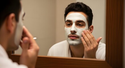 Spa, Attractive man applying face mask in mirror for skincare routine