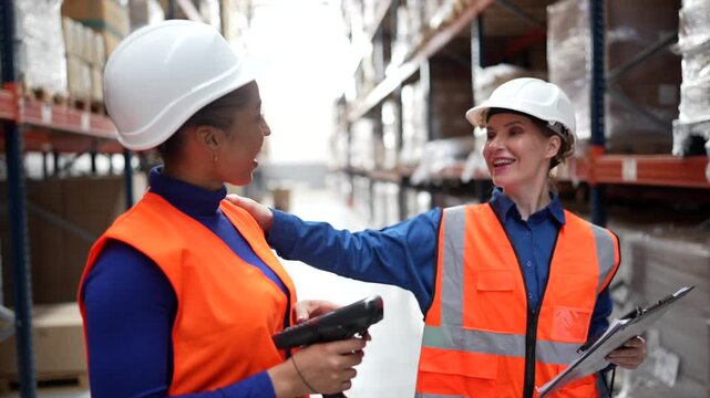 Warehouse worker scanning barcodes and greeting colleague