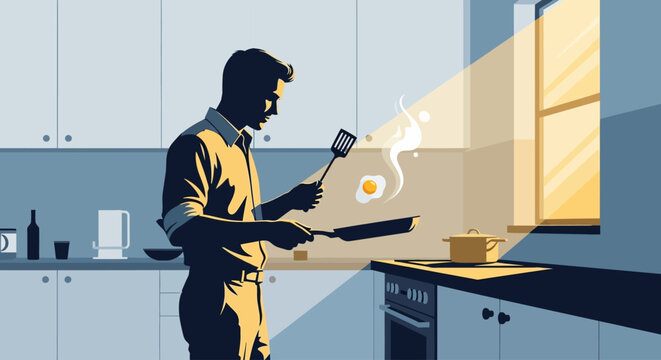 This dynamic flat design illustration depicts a man's silhouette actively preparing breakfast, flipping an egg with a spatula in a kitchen setting. It highlights the energy and routine of morning meal