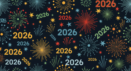 A bright vector illustration of a new year 2026 celebration fireworks pattern against a night sky background with star and flower shapes