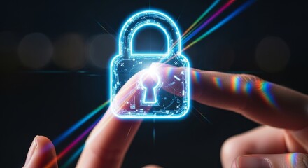 Digital security concept with glowing padlock on finger.