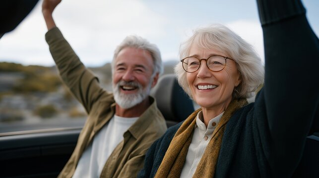 Wide-angle shot capturing car, landscape, and expressive gestures — representing joyful journey, connection, spontaneity, and inspirational senior couple imagery. cinematic color correction,