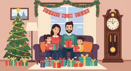 Happy family with children having a party on the new illustration at home for a celebration