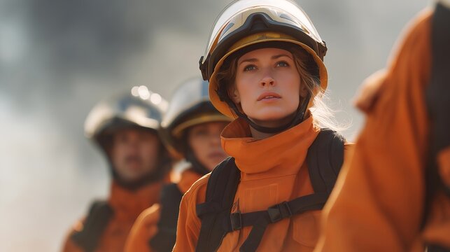 Female firefighter leading her team through thick smoke inside a burning structure — a striking depiction of leadership, gender equality, and strength under pressure in the modern firefighting