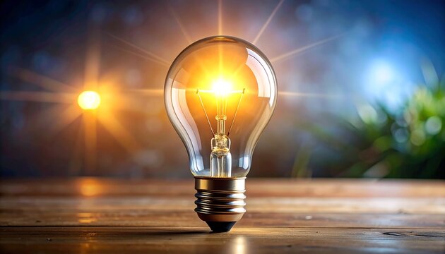 A glowing lightbulb illuminates a wooden surface with a blurred, colorful bokeh background, conveying idea creation