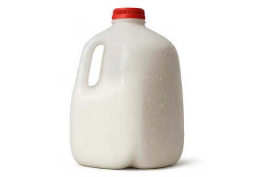 Gallon milk jug with red cap, drops of condensation on the plastic, dairy food, transparent background