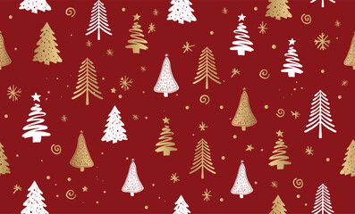Christmas tree pattern on red background, Hand drawn illustrations.	
