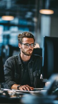 Focused young man with glasses working late at a modern office desk, illuminated by soft ambient lighting. He is intently looking at a computer monitor, surrounded by a contemporary workspace