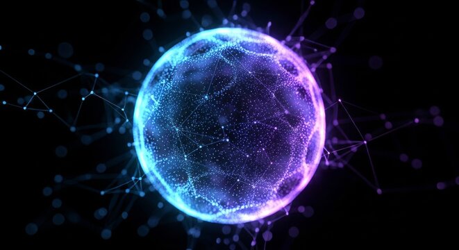 Abstract glowing sphere with network connections on a dark background. - Powered by Adobe