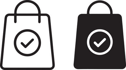 Shopping bag with checkmark icon, signifying successful purchase or order completion. e-commerce success, add to cart confirmation, delivery symbol. isolated on white background, Vector, illustration