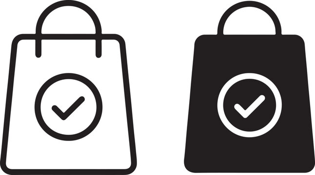 Shopping bag with checkmark icon, signifying successful purchase or order completion. e-commerce success, add to cart confirmation, delivery symbol. isolated on white background, Vector, illustration