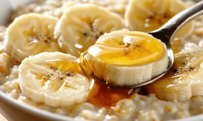 Oatmeal cereal with sliced banana and syrup healthy breakfast food concept
