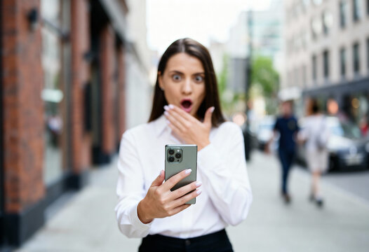Surprised businesswoman looking at smartphone on city street, shocked reaction to unexpected message or online news during workday