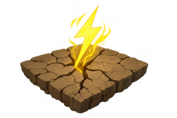 Lightning bolt striking cracked earth, bringing power and destruction, isometric game asset on transparent background