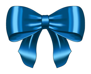 Realistic blue bow. Satin decorative golden bow. Element for decoration gifts, greetings, holidays. Vector illustration