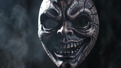 Closeup Of A Dark Wooden Mask With Smoky Background In Low Light Setting. The Mask Features Intricate Details And A Menacing Expression, Emanating An Eerie Atmosphere