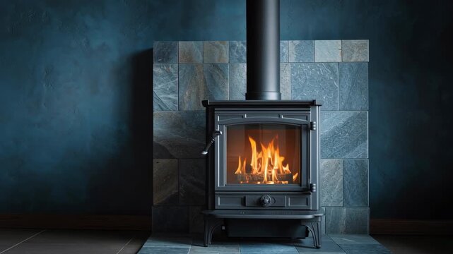 Modern Blue fireplace with sleek stylish design. Black metal chimney, stone base. Contemporary living room space gray walls. Minimalist ambiance. Interior of house. Gas hearth with burning fire flame