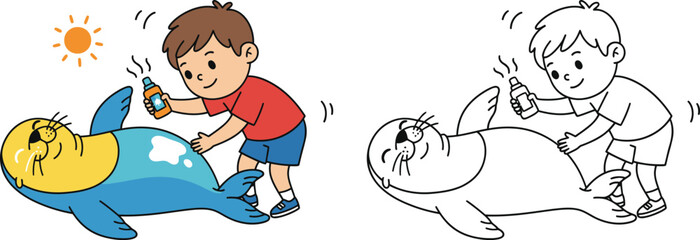 Cute Cartoon Boy Applying Sunscreen to Seal at the Beach