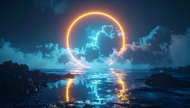 A glowing orange circle hovers above water reflecting beneath cloudy, starlit night sky. Fantasy landscape