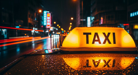 Taxi sign glowing on rooftop at night with city lights reflecting