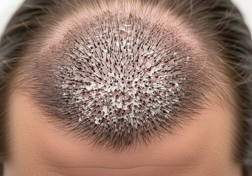 A patch of scalp showing broken hairs, black dots, and significant scaling with inflammation in a distinct circular shape, characteristic of Tinea Capitis (Ringworm).