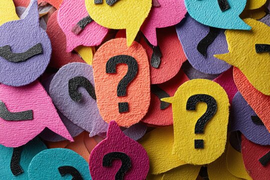 Colorful Felt Question Marks Collage: Vibrant Shapes Symbolizing Curiosity, Questions, and Exploration in a Playful Studio Setting - Powered by Adobe