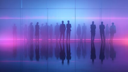 Silhouetted Business Figures in Neon Blue and Pink Corridor with Glass Walls and Reflections, Modern Corporate World