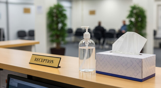 Reception area with sanitizer and tissues on wooden desk  