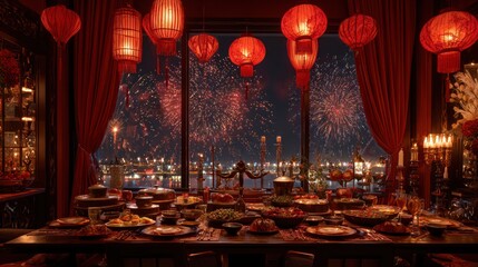 Luxurious Chinese New Year Dinner Party With Red Lanterns, Festive Feast, And Fireworks Over City Lights In A Dramatic Windowed Dining Room