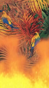 Vertical video: Flickering orange flame spreading up palm fronds, blurring two perched parrots