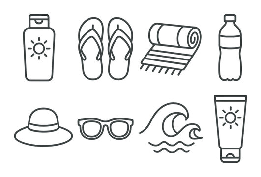 Summer essentials outline: flip-flops, sunscreen, hat, sunglasses, water bottle, towel, waves