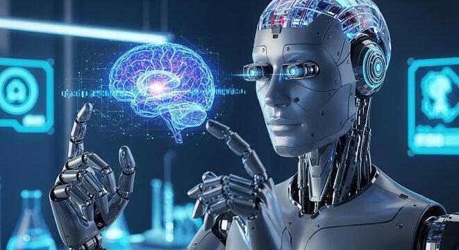 Futuristic humanoid robot manipulating a holographic brain in a lab.