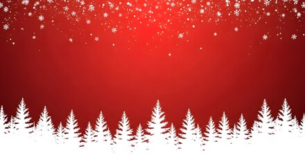 Christmas red background with white fir trees and falling snowflakes