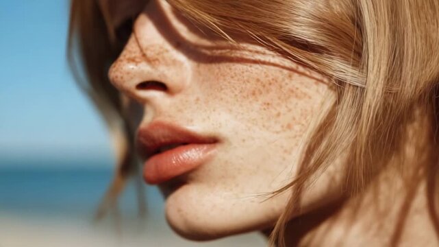 Close-up of a freckled face, focusing on full pink lips and a hint of the nose.