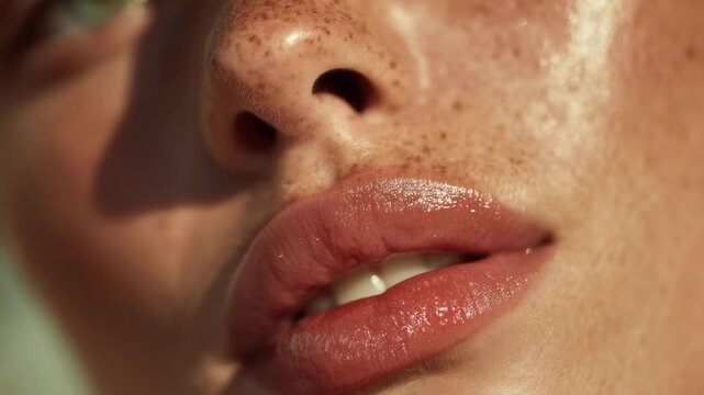 Close-up of a freckled face featuring glossy pink lips and a visible nose.