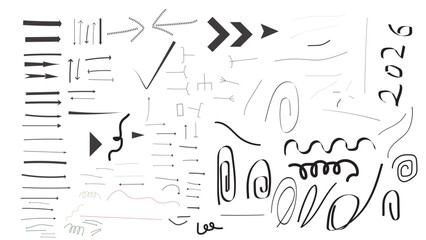 Handdrawn doodle elements arrows, lines, circles, spirals, and scribbles for design and decoration purposes
